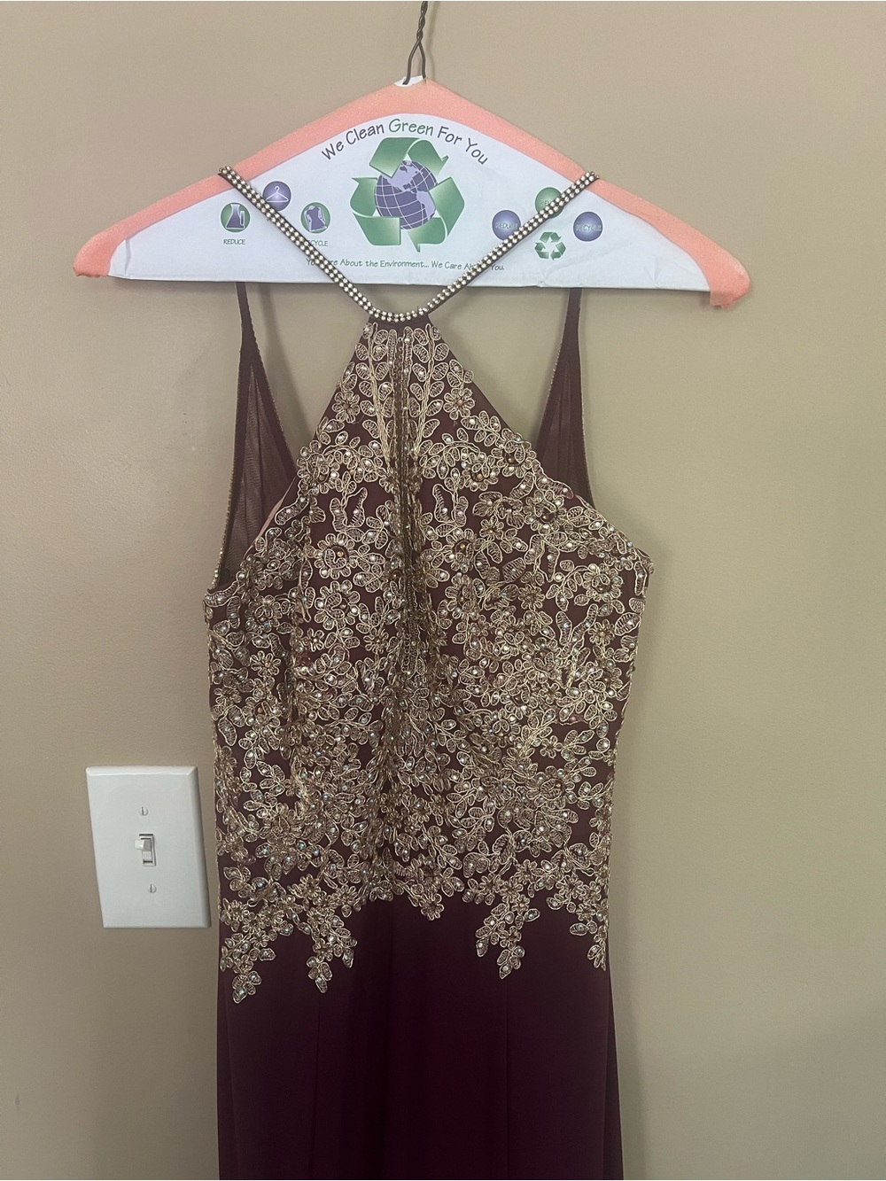 Elegant Women's Maroon Evening Dress with Gold Embroidery